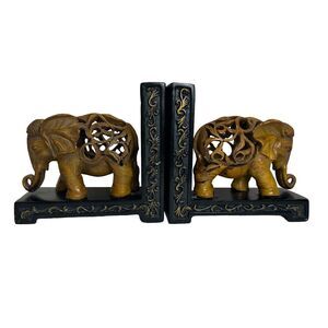 Vintage Pair of Heavy Elephant Bookends Brown Black Asian‎ Style